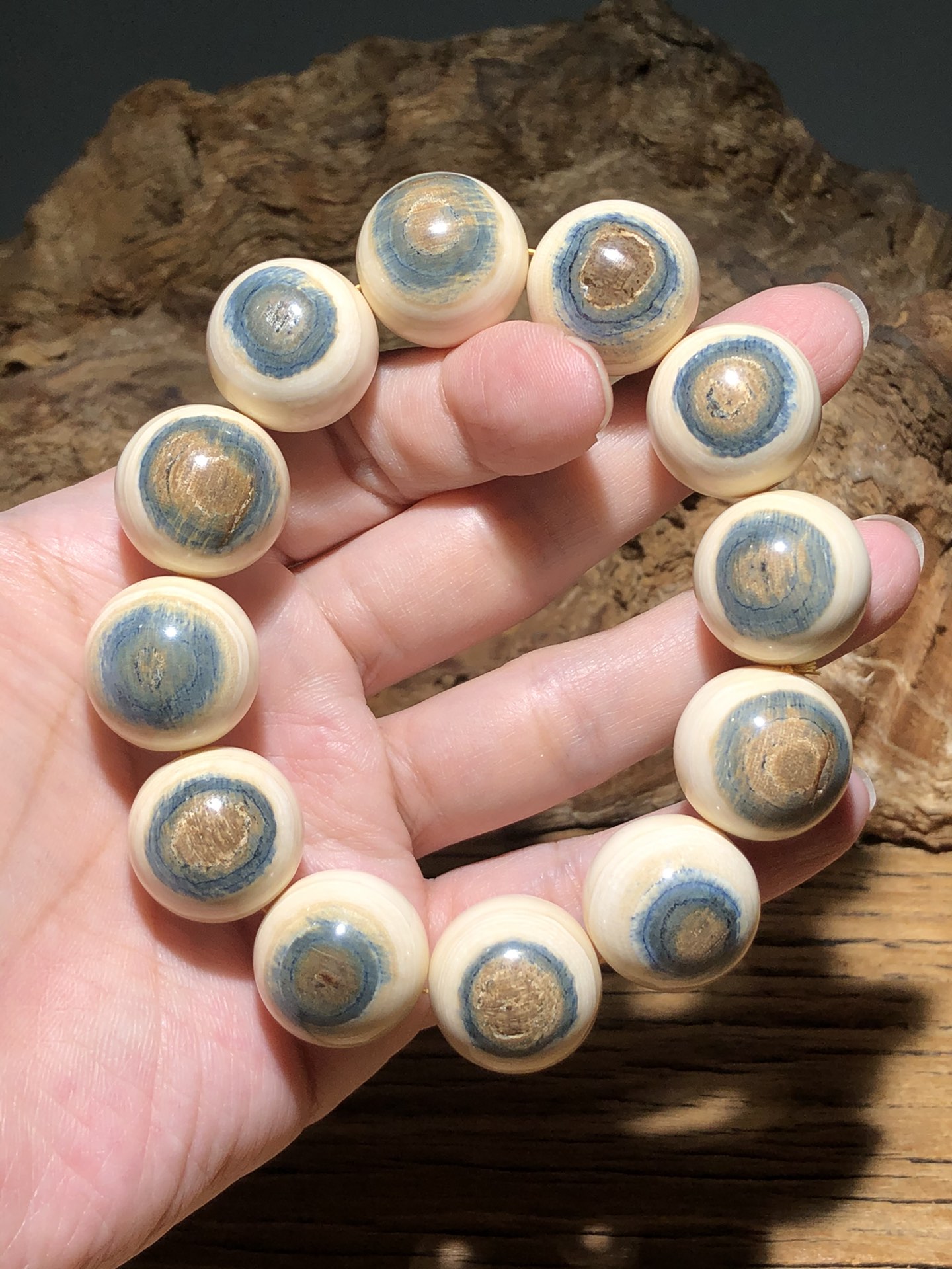 《藍眼手串》20MM極品天然頂級猛犸牙藍眼睛，藍白分明！大自然的孕育